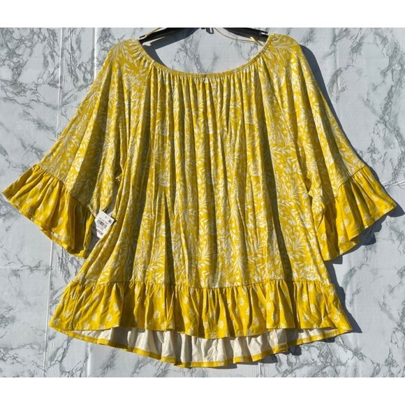 Style & Co XL Yellow Floral Bell Sleeve On Off Knit Top Dainty Ochre Rayon Blend - Picture 3 of 10